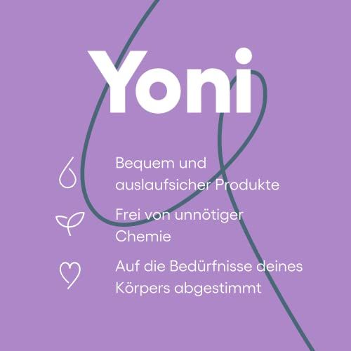Nahaufnahme von Text auf lila Hintergrund: Yoni. Bequeme, auslaufsichere Produkte. Frei von Chemie. Auf Körperbedürfnisse abgestimmt.