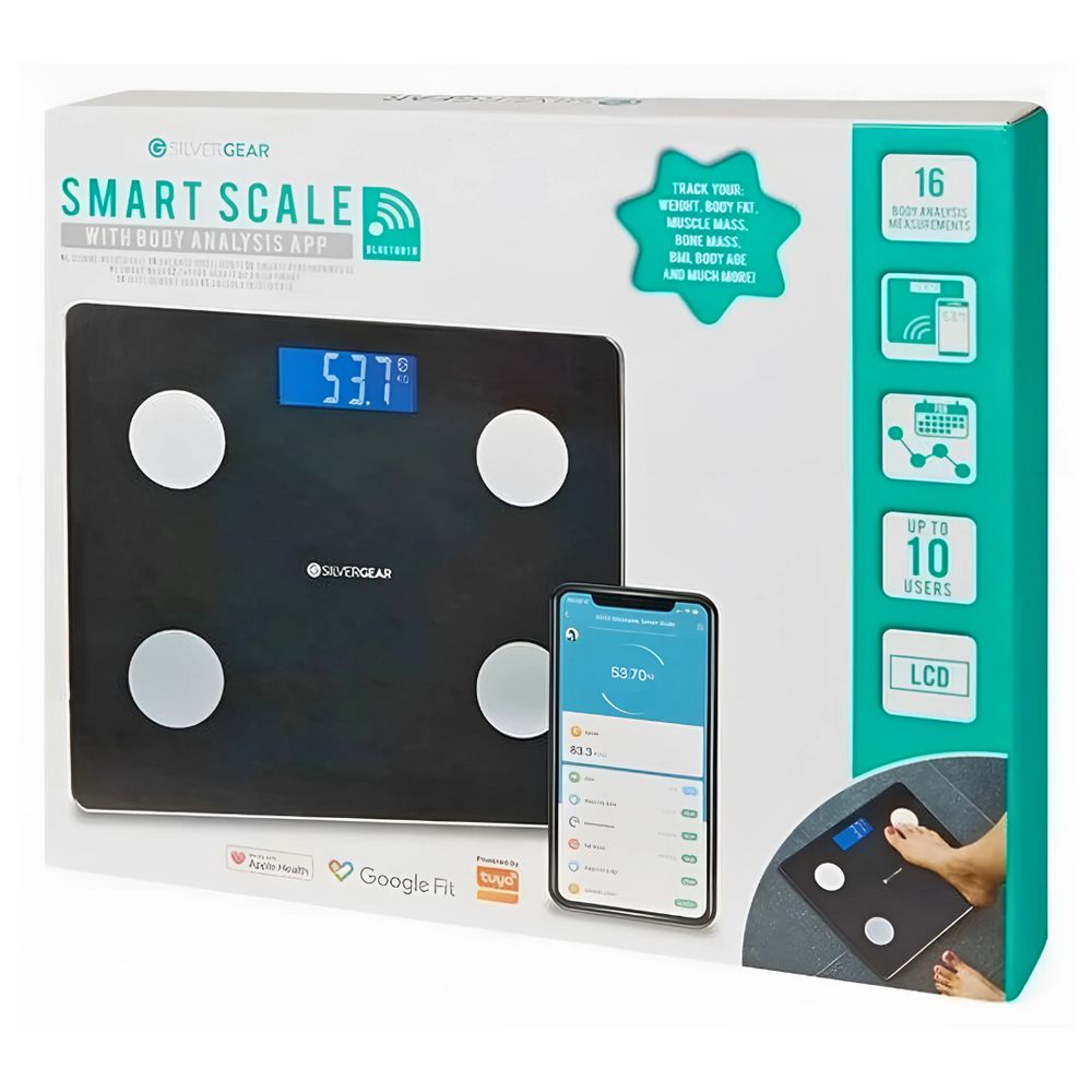 Verpackung mit Smart Waage, Smartphone und App-Anbindung. Zeigt Körperanalyse-Daten. Bluetooth-Logo.