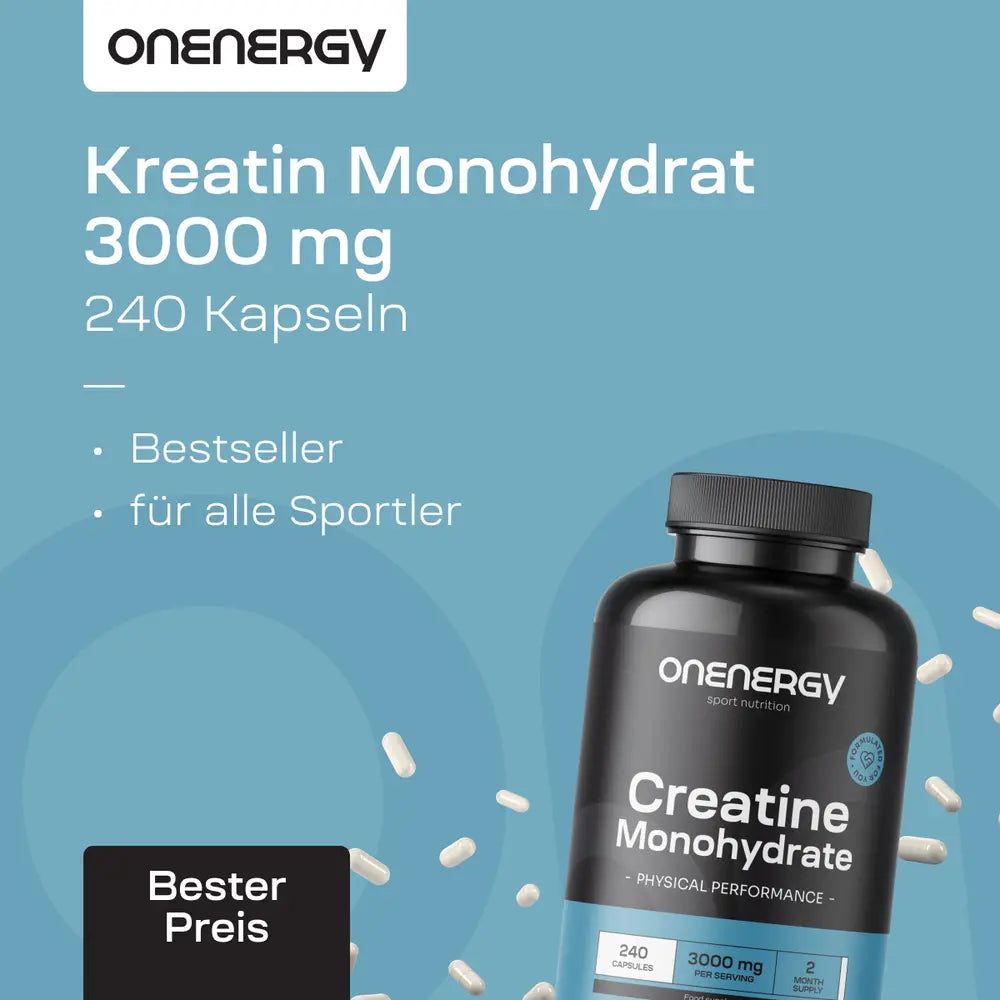 Flasche mit Kreatin Monohydrat. Text: Kreatin Monohydrat 3000 mg, 240 Kapseln. Bestseller, für alle Sportler.