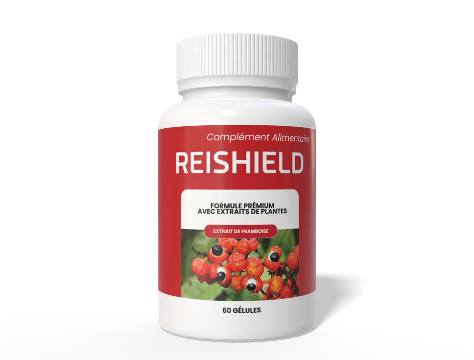 Eine Flasche Reishield Nahrungsergänzungsmittel mit Himbeerextrakt und Pflanzenextrakten, 60 Kapseln.