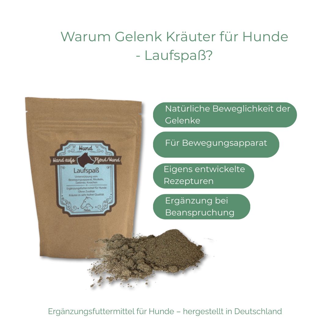 Brauner Beutel mit Etikett und Kräutermischung. Text: Warum Gelenk Kräuter für Hunde - Laufspaß? Natürliche Beweglichkeit.