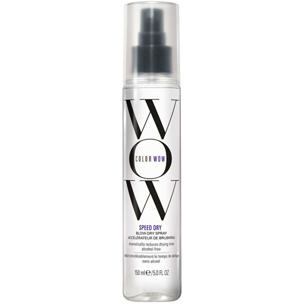 Transparente Flasche mit schwarzem Sprühkopf. Aufschrift: COLOR WOW, SPEED DRY. Volumen: 150 ml / 5.0 FL OZ.