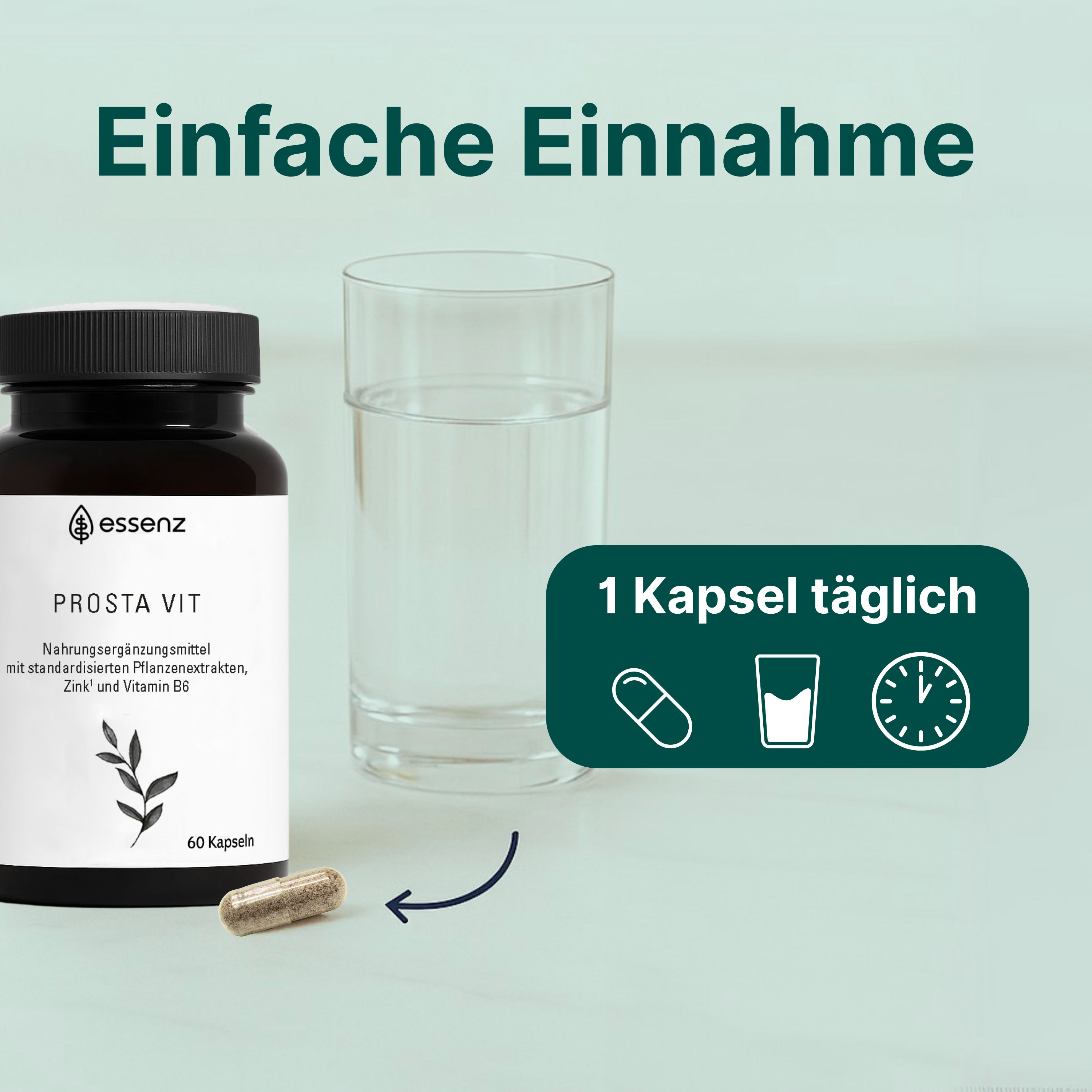 ESSENZ Prosta Vit Flasche, Glas Wasser und eine Kapsel. Einnahme: 1 Kapsel täglich.