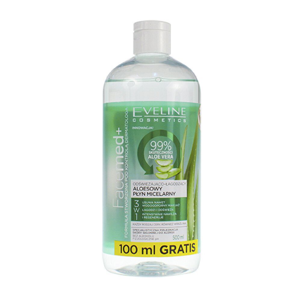Reinigungswasser-Flasche mit grünem Etikett. Text: Facemed+, Aloe Vera, 3in1. 100 ml gratis.