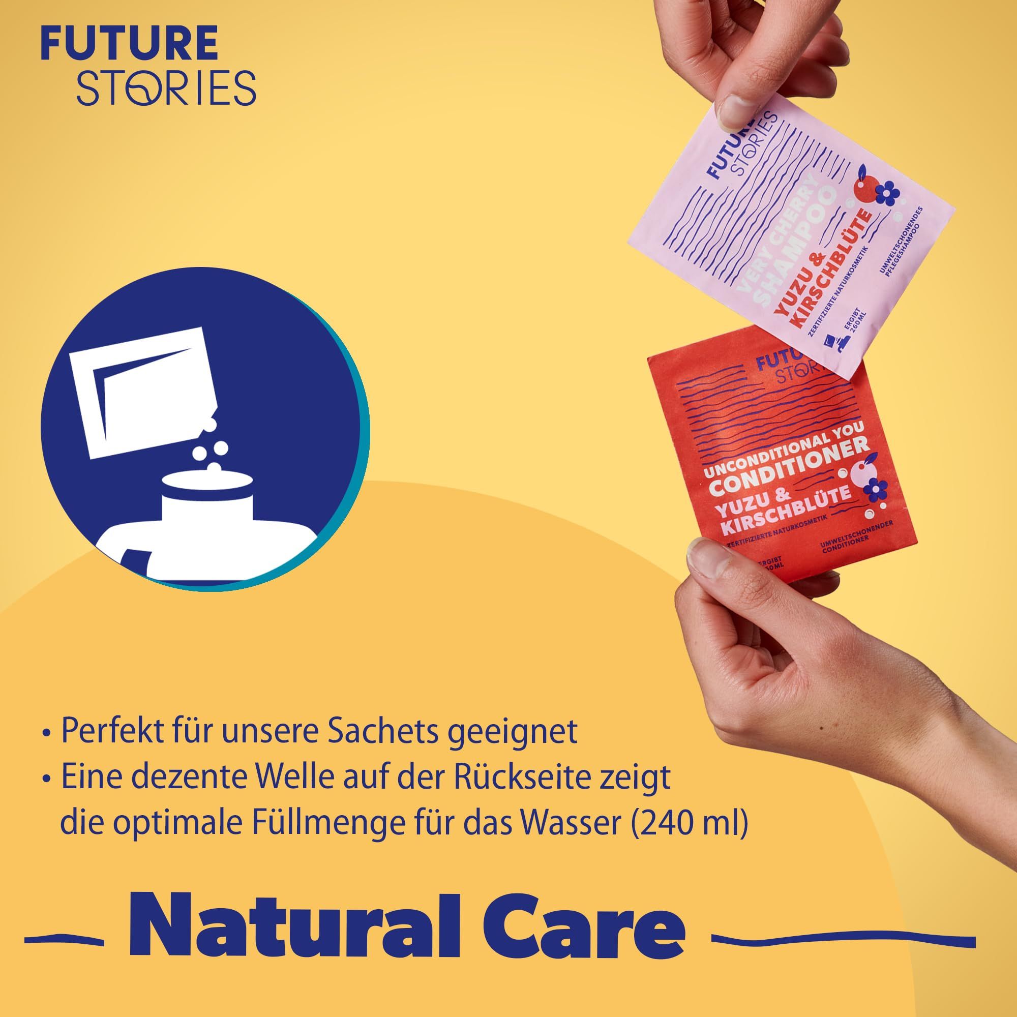 Hände halten zwei Sachet-Verpackungen. Text: Perfekt für unsere Sachets geeignet. Wellenmuster zeigt Füllmenge (240 ml).