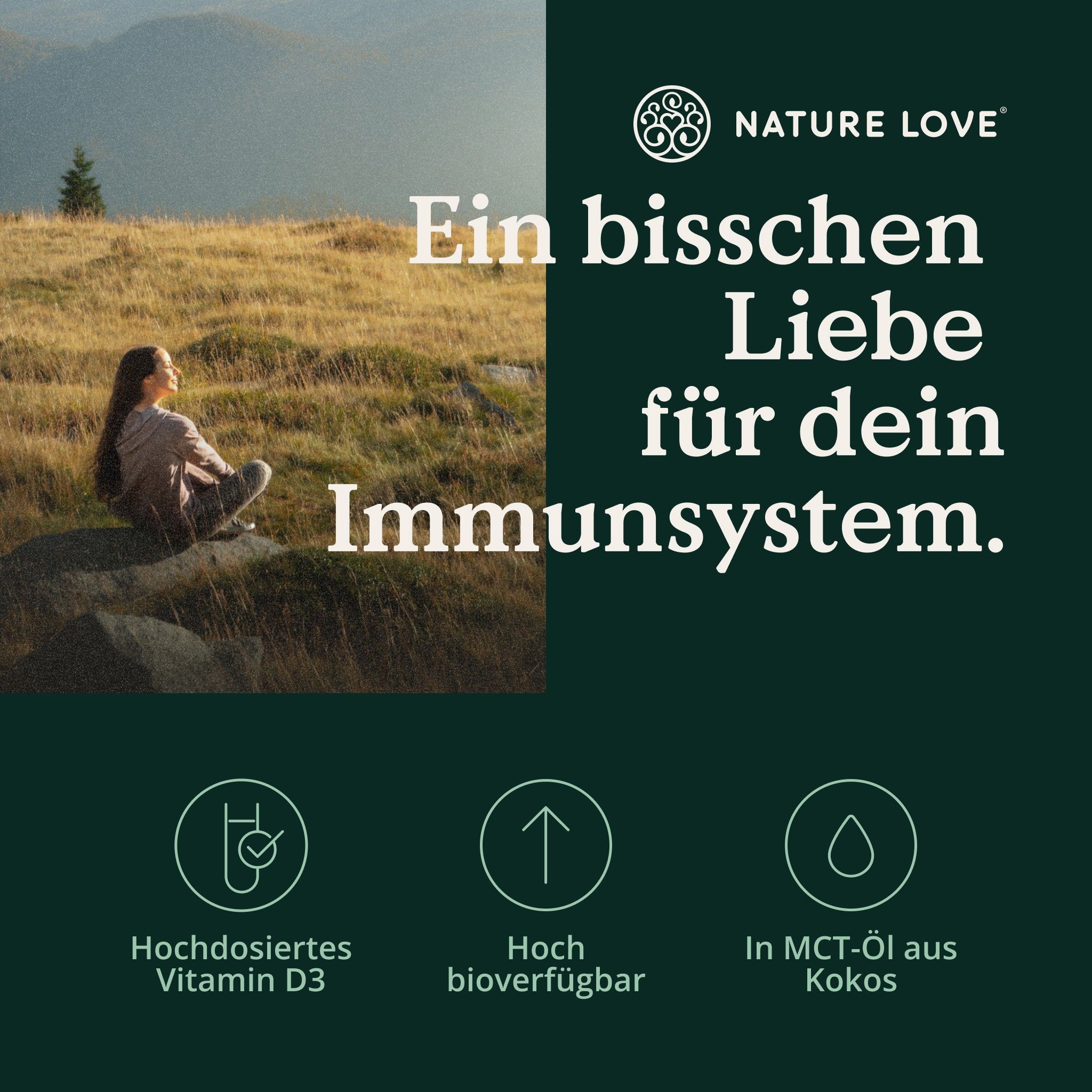 Frau sitzt auf einem Felsen. Hintergrund: Landschaft. Text: Hochdosiertes Vitamin D3, hoch bioverfügbar, in MCT-Öl.