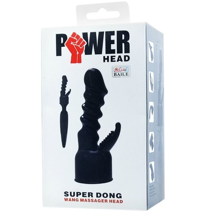 Verpackung mit Produktabbildung. Text: POWER HEAD, SUPER DONG, WANG MASSAGER HEAD. Logo: Baile.