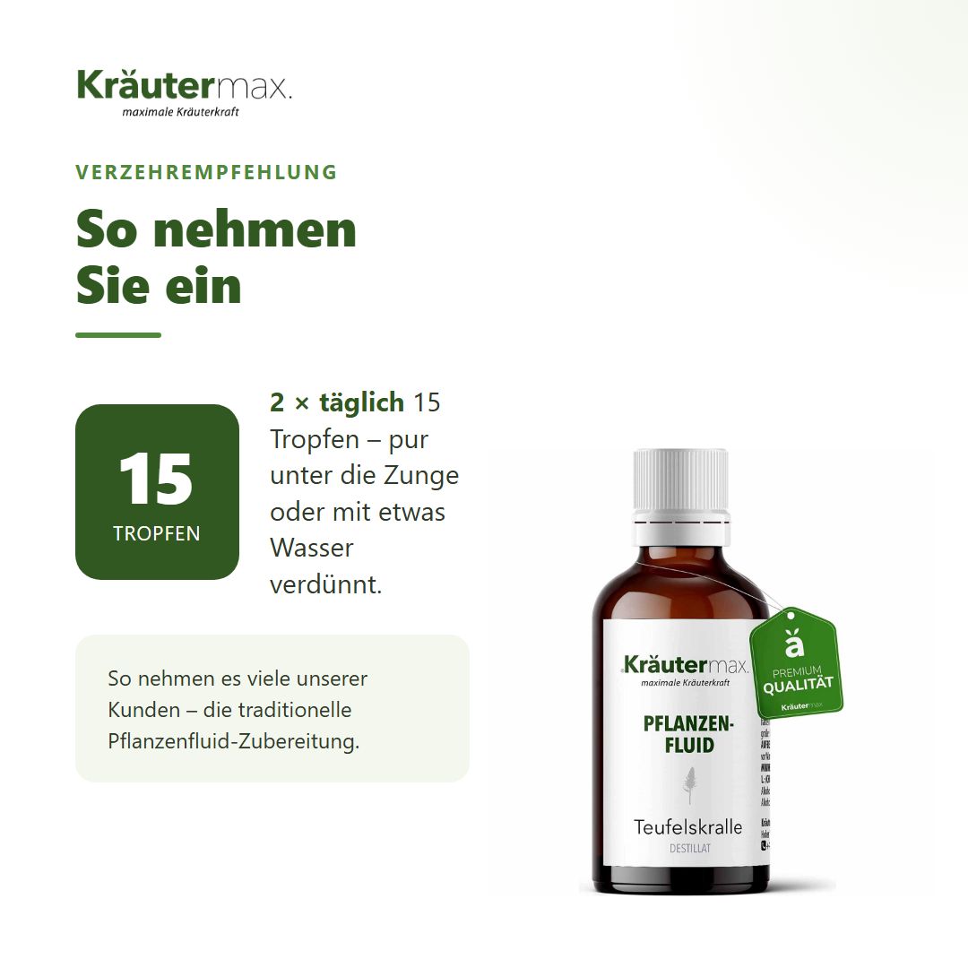 Anwendungshinweis: 15 Tropfen 2x täglich pur oder verdünnt. Daneben eine braune Tropfflasche Kräutermax Teufelskralle.