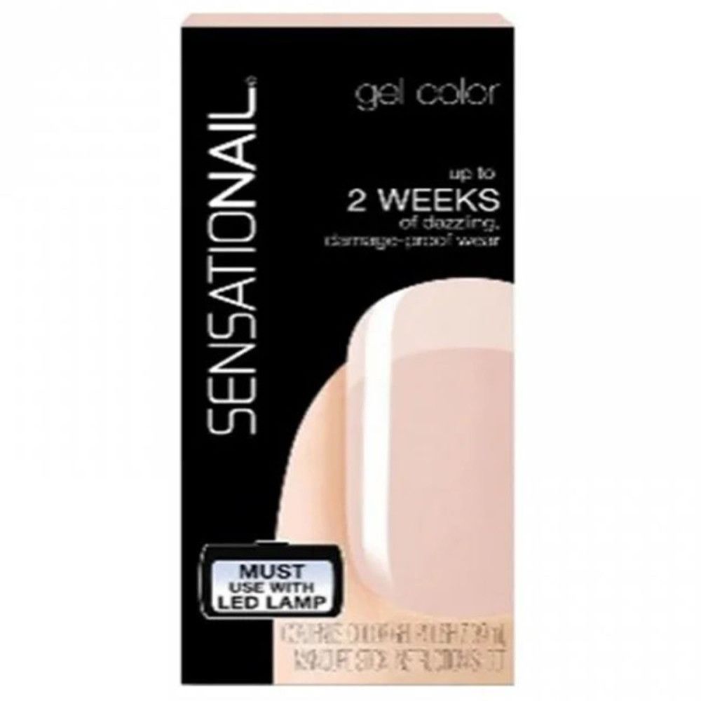 Verpackung von Sensationail Farb-Gel-Nagellack. Schwarzer Hintergrund mit Produktname. Text: 2 Wochen Haltbarkeit, LED-Lampe erforderlich.
