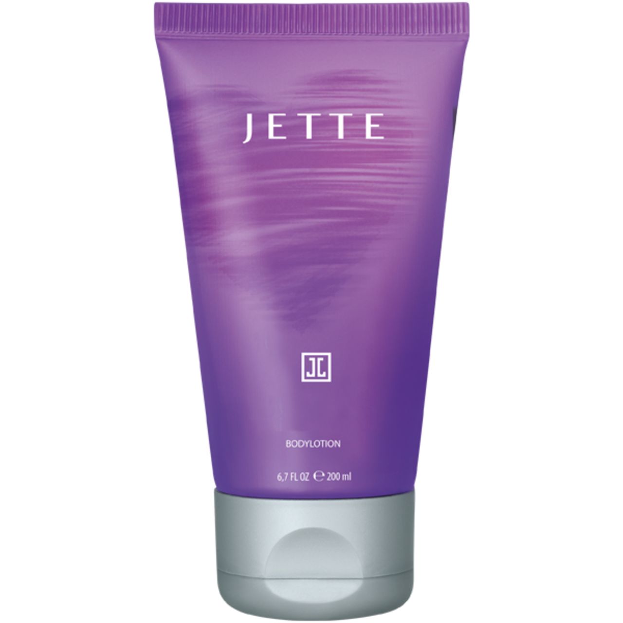 Lila Tube mit "JETTE"-Schriftzug. Unten "BODYLOTION" und "6.7 fl.oz e 200 ml". Silberner Verschluss.