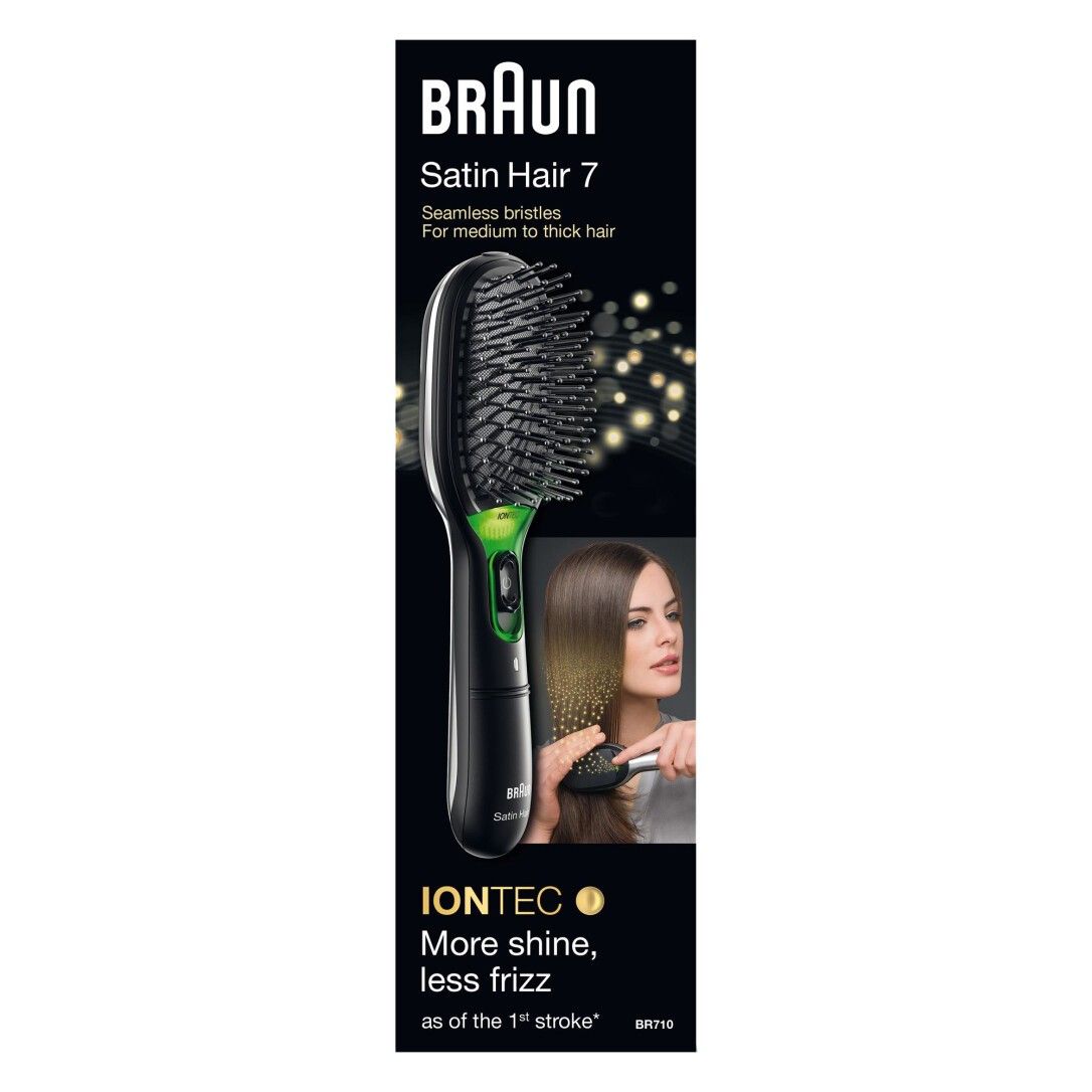 Werbetafel mit elektrischer Haarbürste Braun Satin Hair 7. Produktbild, Produktname, Marke und Werbetext. Hintergrund mit Lichteffekten.