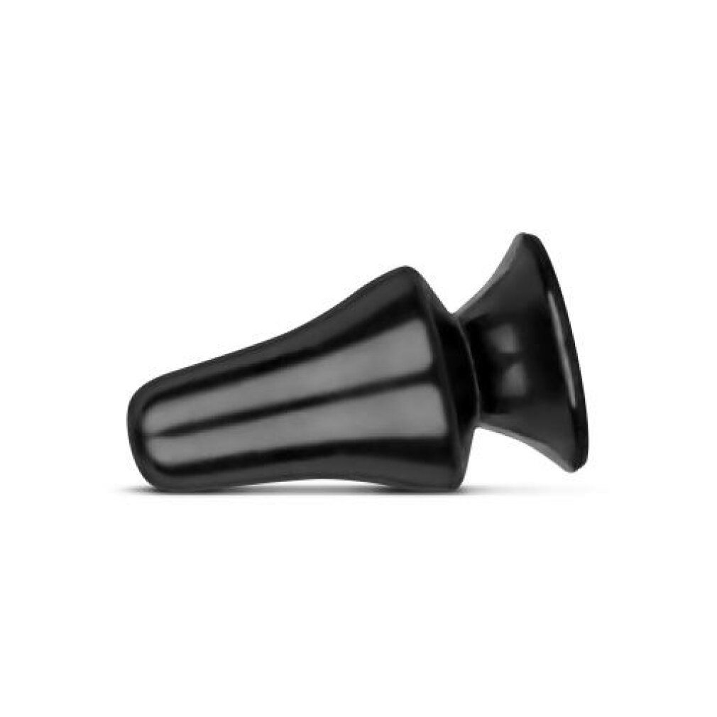 Schwarzer Analplug in horizontaler Ansicht. Konische Form mit abgerundeter Basis und Spitze.