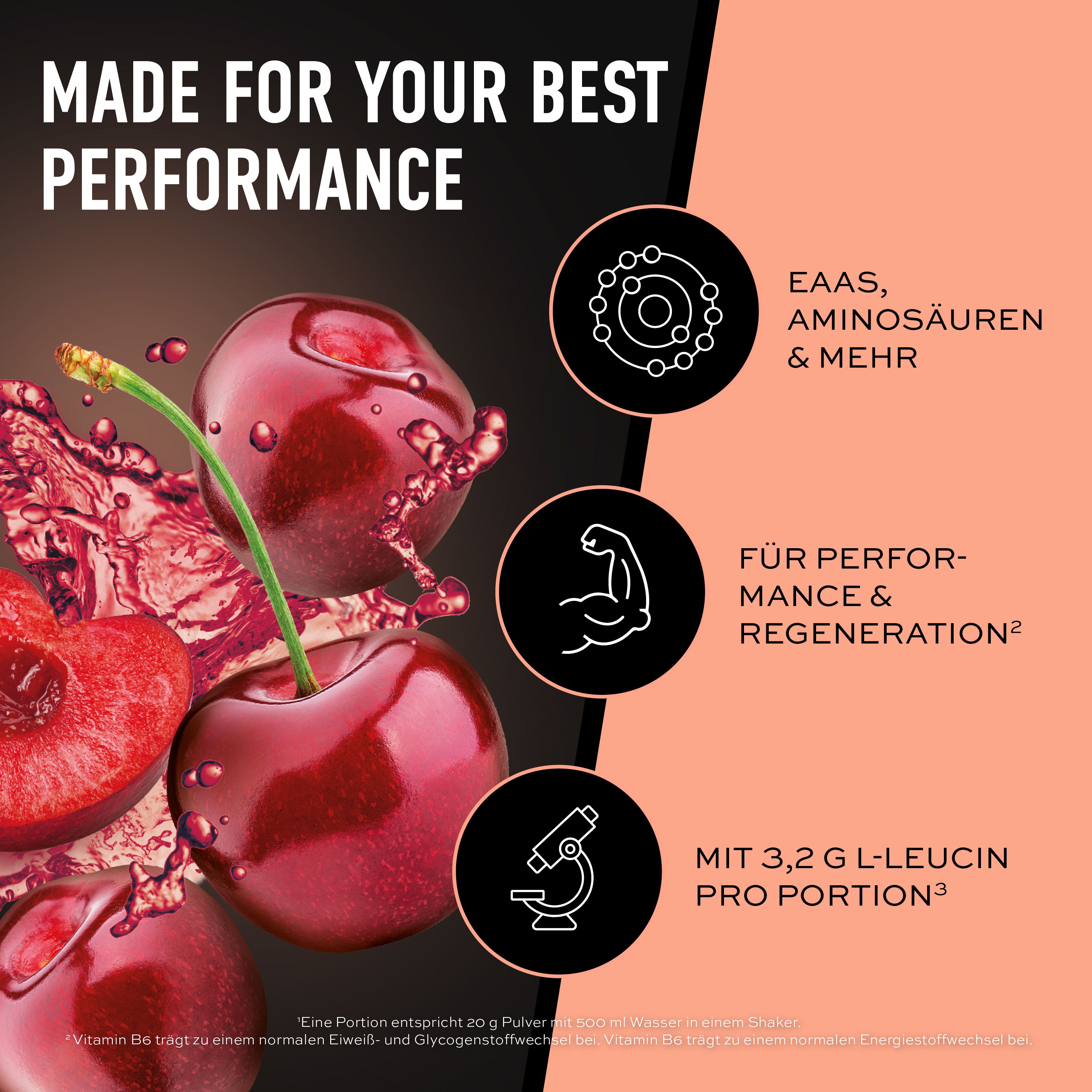Kirschen mit Text: EAAs, Aminosäuren & mehr. Für Performance & Regeneration. Mit 3,2 g L-Leucin pro Portion.