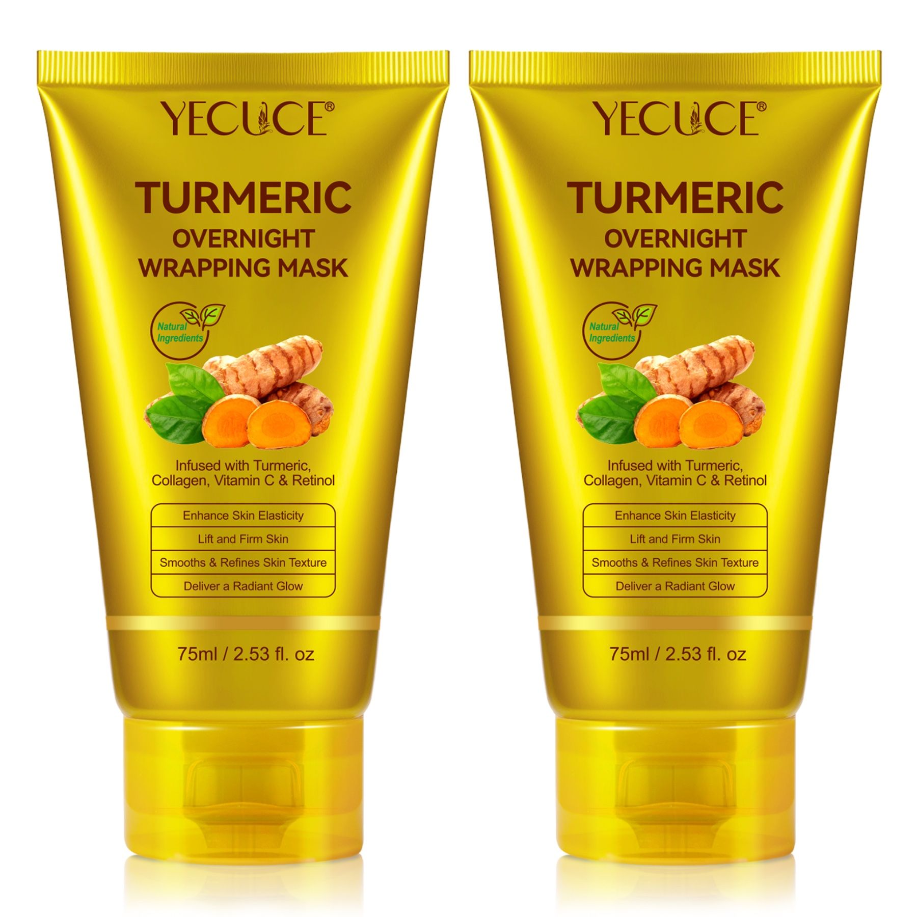 Zwei gelbe Tuben mit Aufschrift 'Turmeric Overnight Wrapping Mask'.