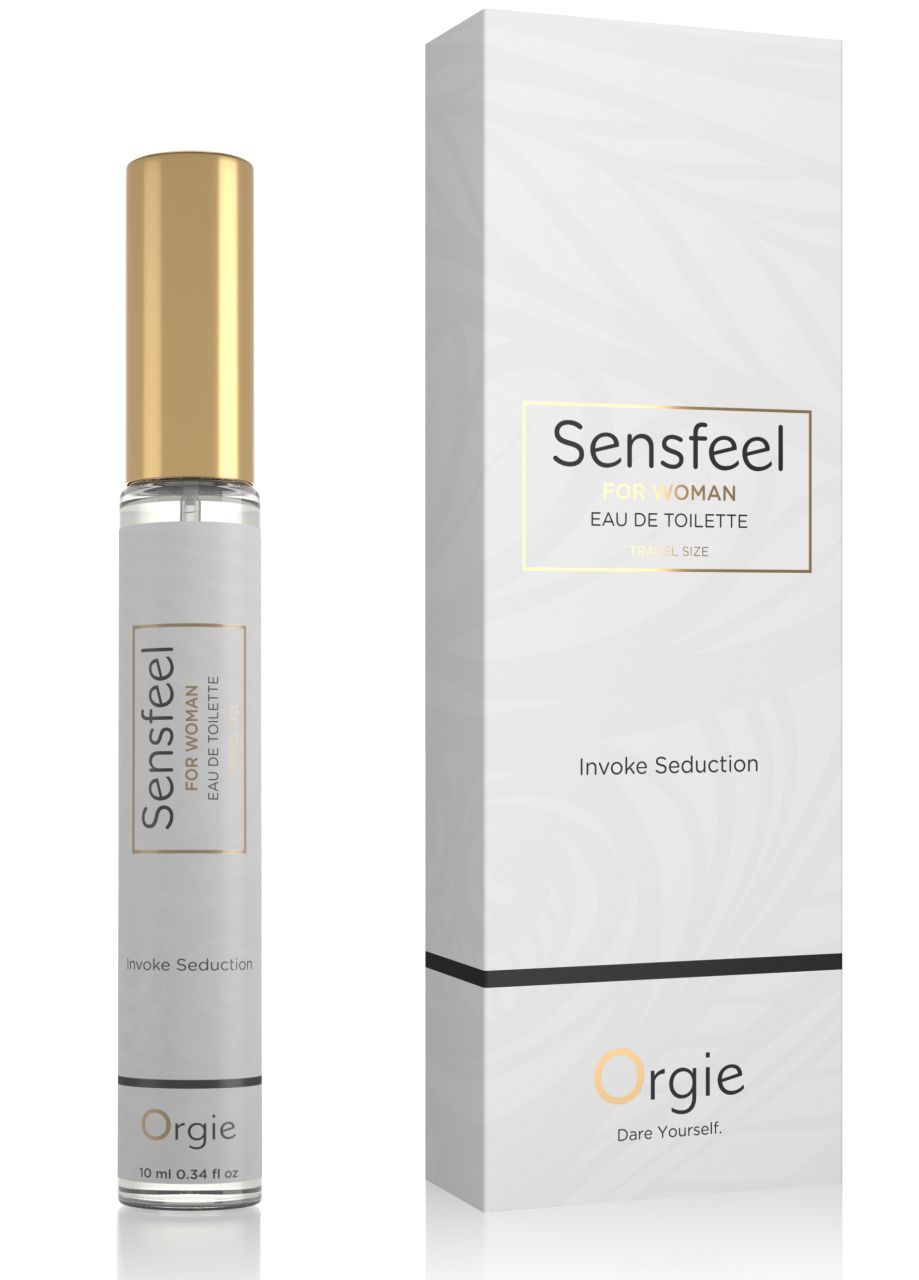 Sensfeel Eau de Toilette Flakon und Verpackung. Flakon mit goldener Kappe. Text: FOR WOMAN, Eau de Toilette, Invoke Seduction. Orgie-Logo.