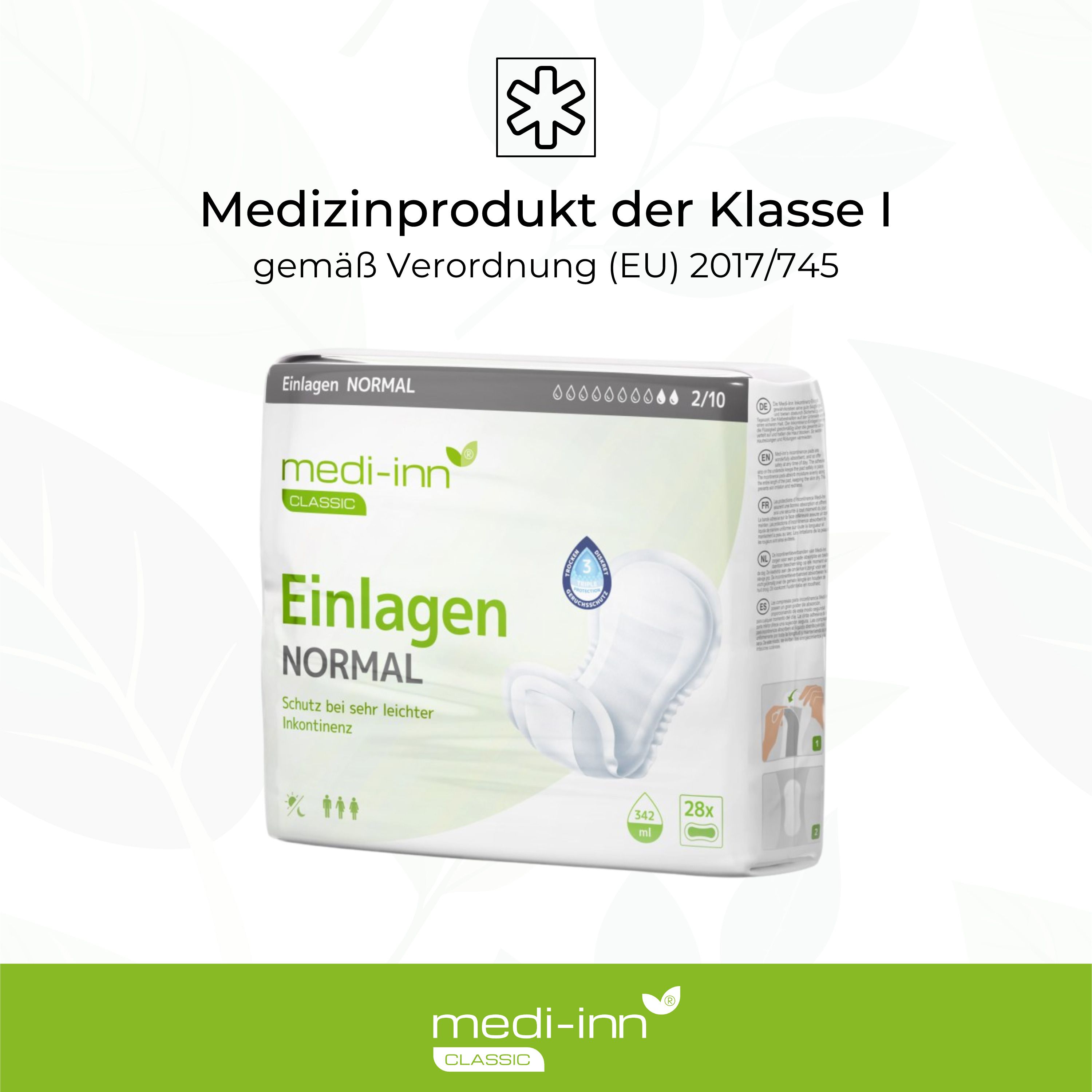 Verpackung von Medi-Inn Inkontinenz-Einlagen NORMAL. Medizinprodukt der Klasse I.