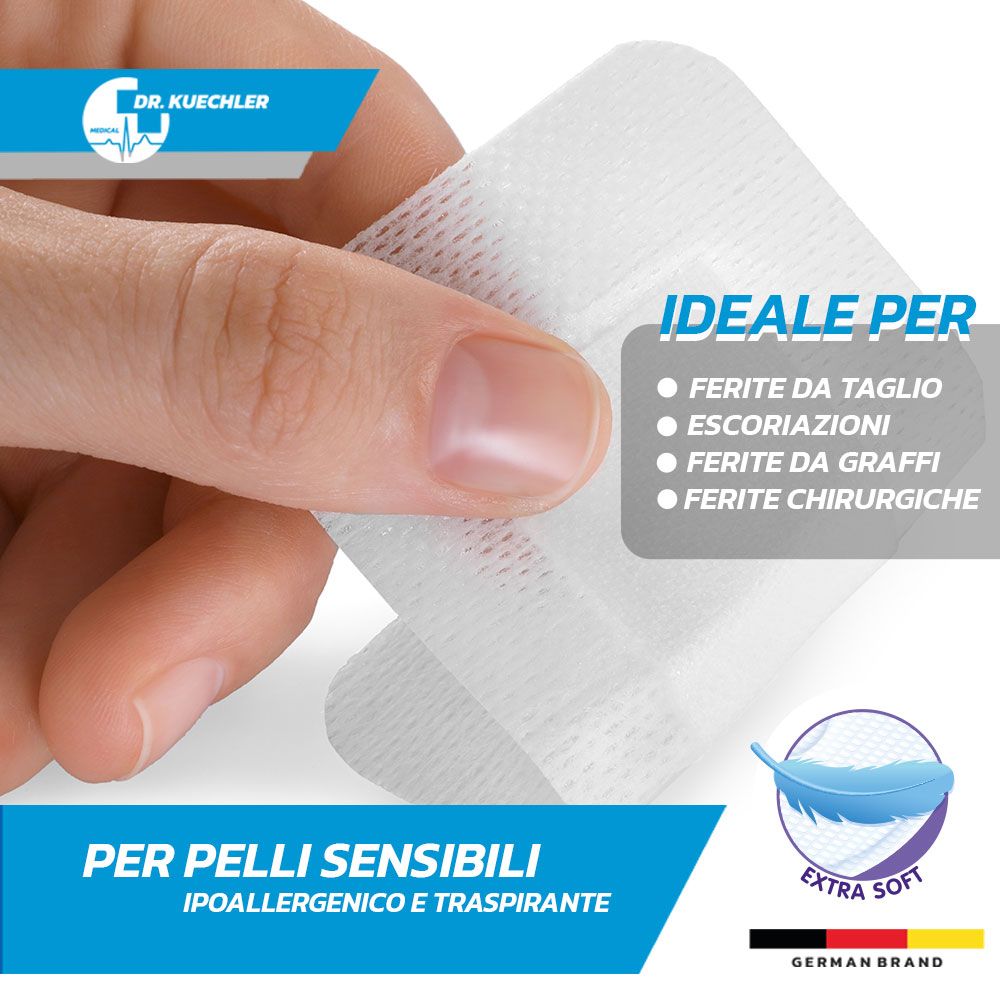 Nahaufnahme eines weißen Wundpflasters. Text: Ideal für, für sensible Haut, hypoallergen und atmungsaktiv.