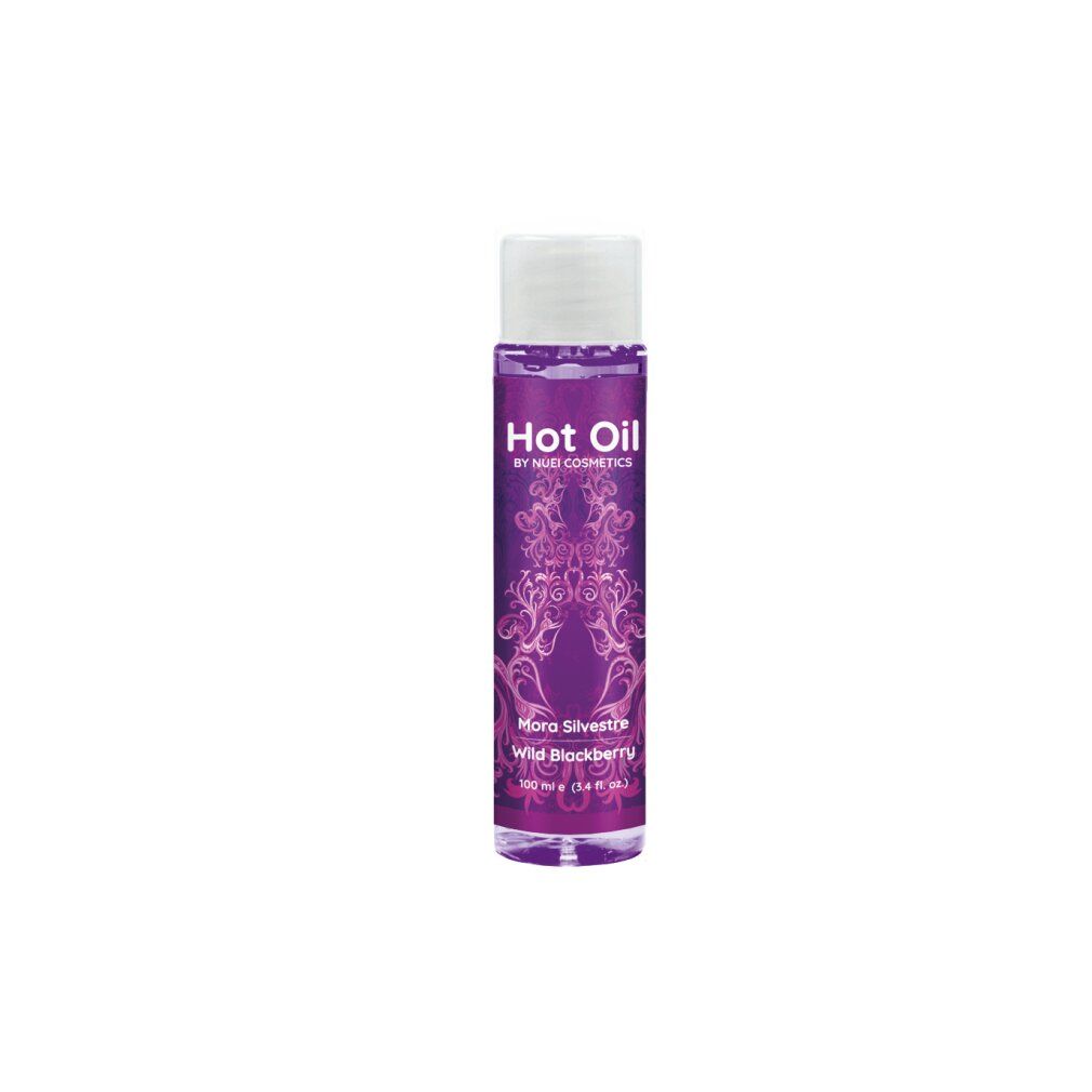 Flasche mit Massageöl. Aufschrift: Hot Oil, Mora Silvestre Wild Blackberry. Marke: NUEI cosmetics.