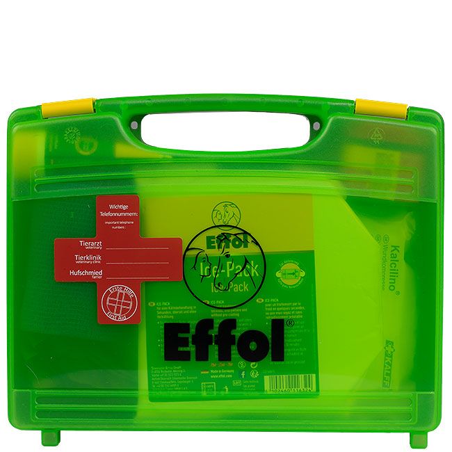 Grüne Erste-Hilfe-Tasche mit gelbem Griff. Enthält verschiedene Produkte, teilweise sichtbar. Aufschrift: Effol.
