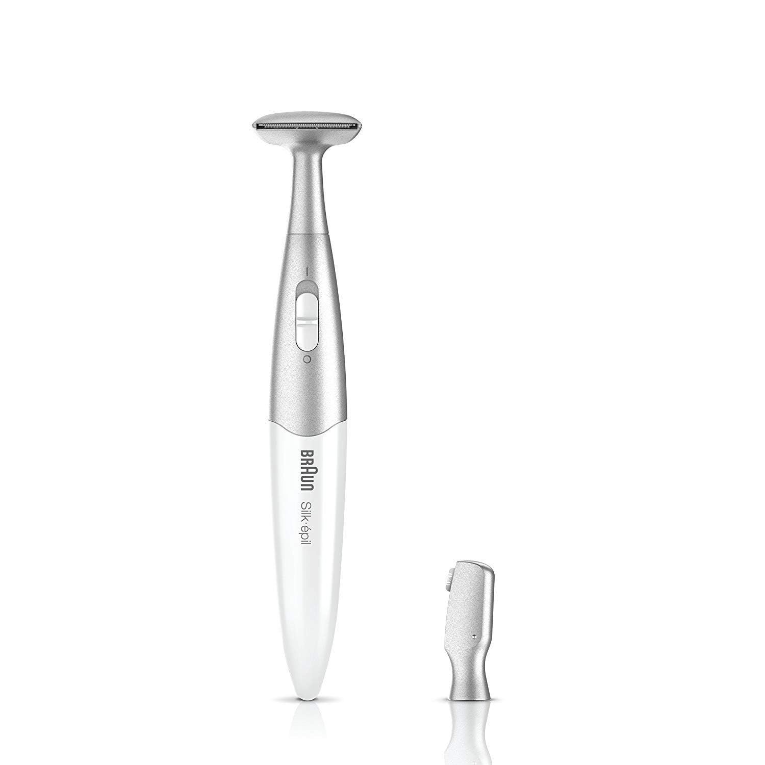 Silber-weißer Braun Silk-épil Bikinitrimmer mit abnehmbarem Aufsatz. Aufsatz rechts.