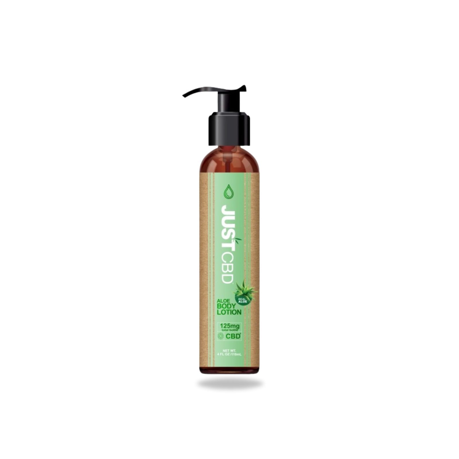Braune Flasche mit schwarzem Pumpkopf. Aufschrift: JUSTCBD, Aloe Body Lotion, 125mg CBD.