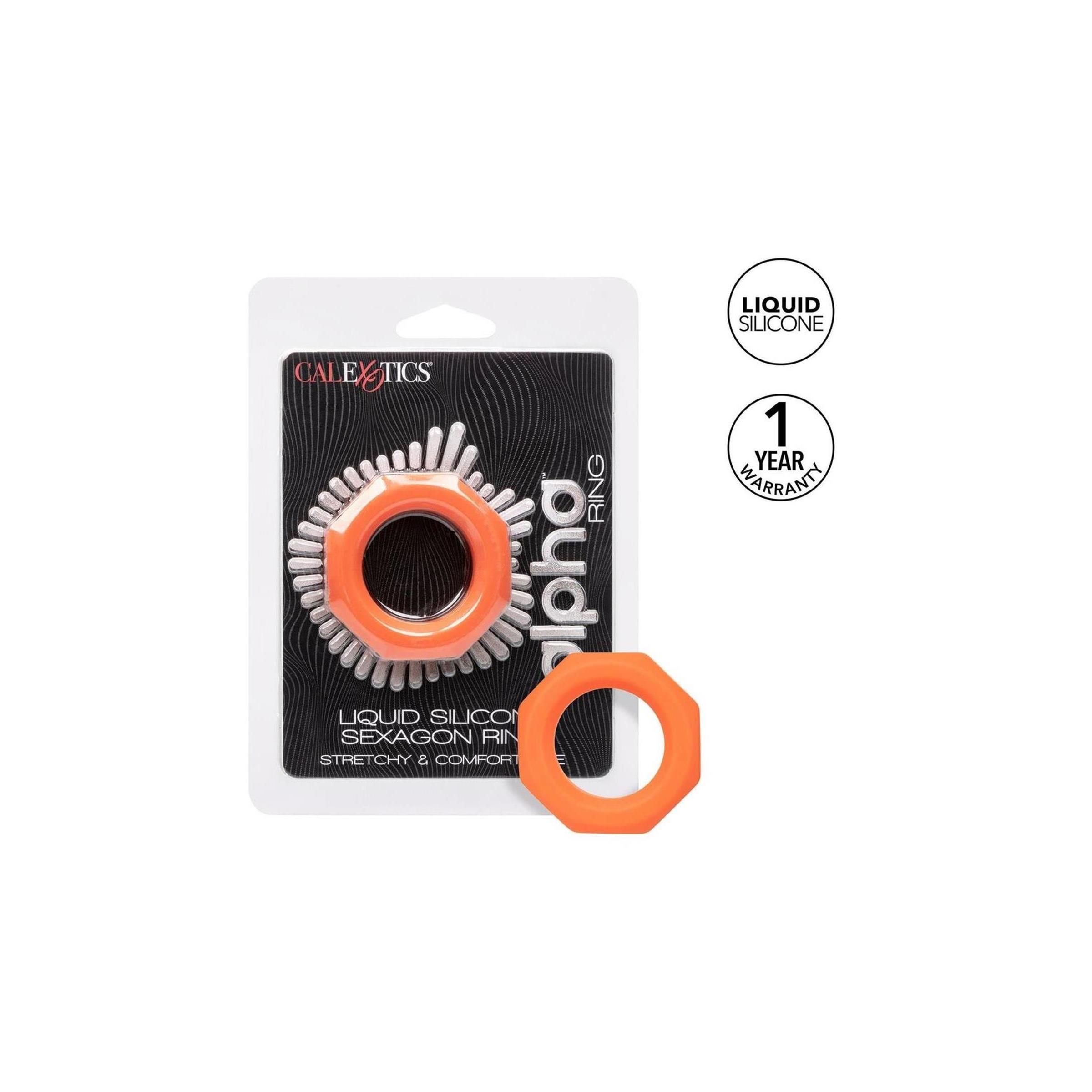 Verpackung mit orangefarbenem Ring. Text: CalExotics, Alpha Ring, Liquid Silicone Sexagon Ring. 1 Jahr Garantie.