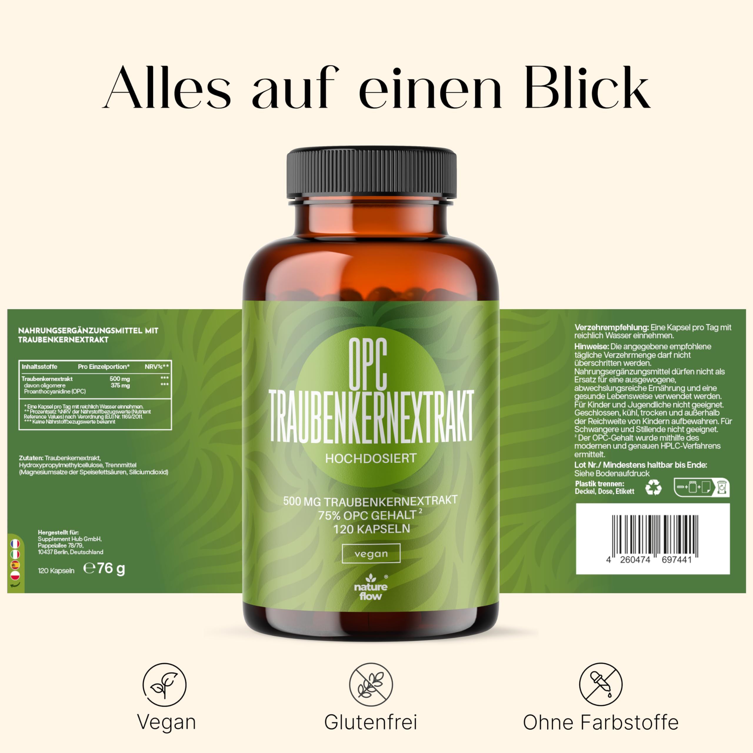 OPC Traubenkernextrakt Hochdosiert - 120 Kapseln - 4 Monate Vorrat - Nature Flow