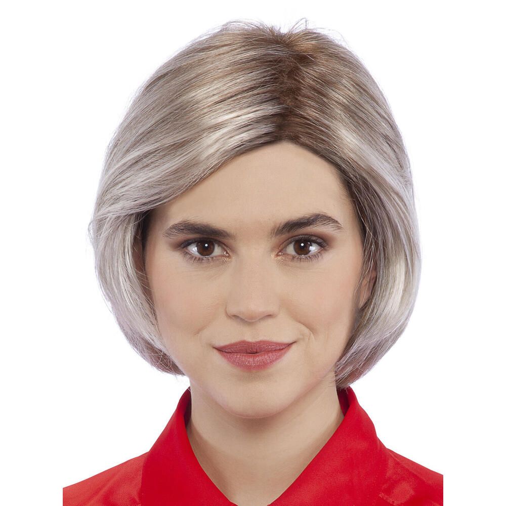 Perücke STOCKHOLM. Blond-graue Bob-Frisur. Frontale Ansicht einer Person mit rotem Oberteil.