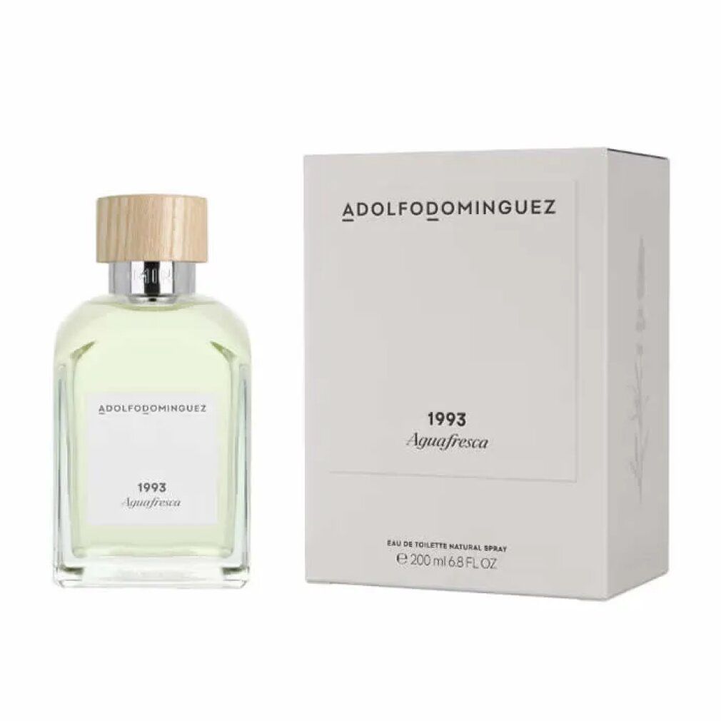 Flakon und Verpackung von Adolfo Dominguez 1993 Agua Fresca Eau de Toilette. Flakon mit Holzdeckel, rechteckige Verpackung mit Logo.