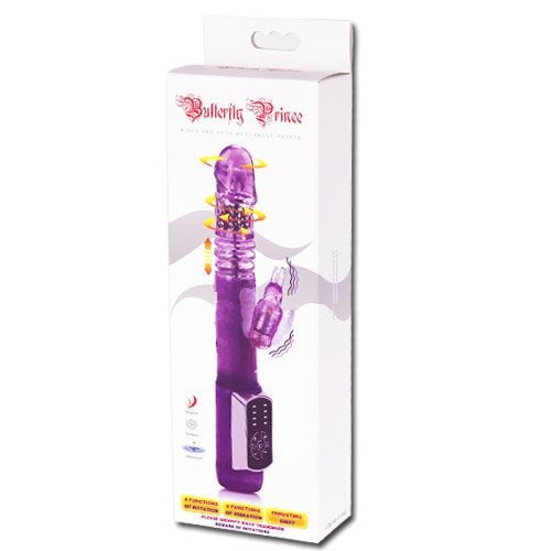 Baile Rabbitvibrator "Schmetterlingsprinz" in Verpackung. Lila Vibrator mit Steuerung und Schmetterling-Aufsatz. Verpackung mit Produktnamen.