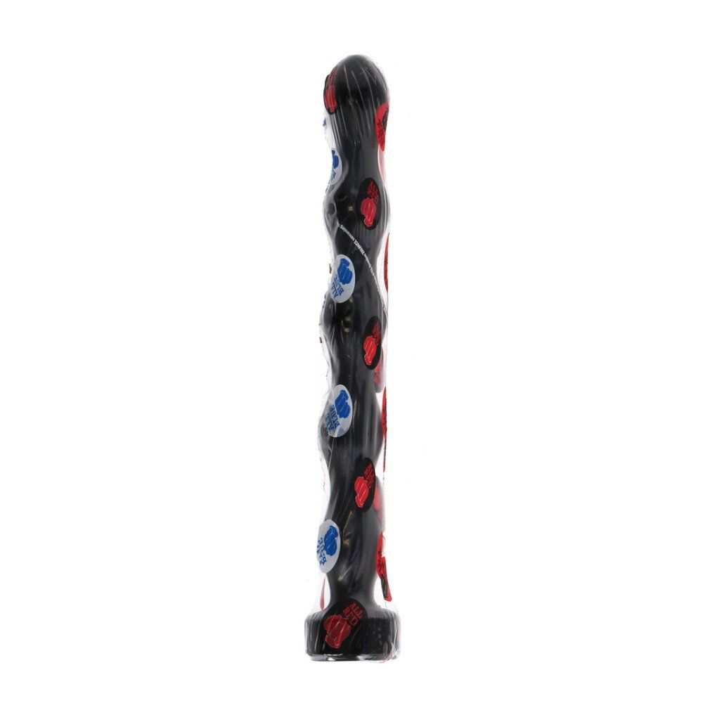 Schwarzer Vibrator mit roten und blauen Herzen, wellenförmiger Schaft.