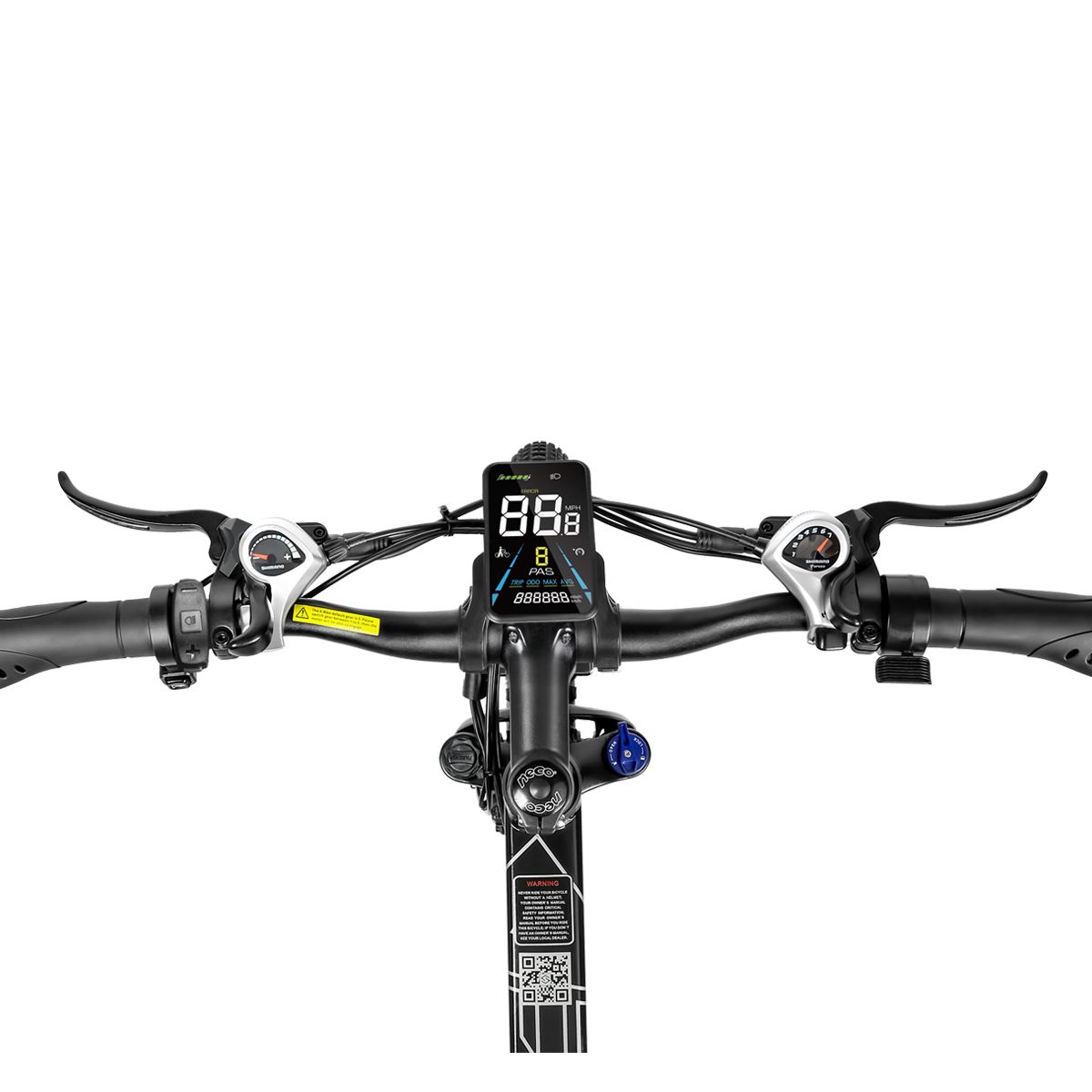 Fahrradlenker mit Display. Zeigt Geschwindigkeit, Akku, Fehler. Schwarze Griffe, Bremshebel. Knöpfe und Schalter.
