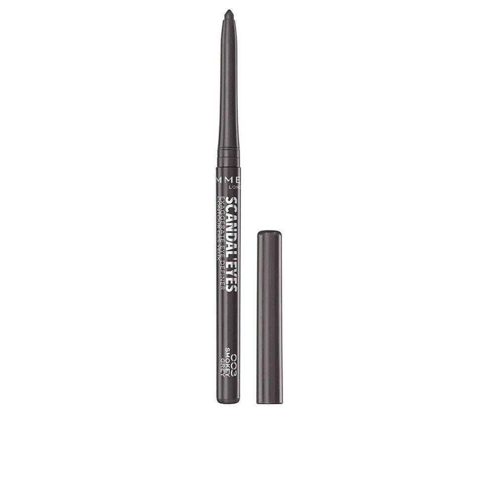 Grauer Eyeliner mit abgenommener Kappe. Aufschrift: Scandaleyes, 003 Grey. Vertikale Ansicht.