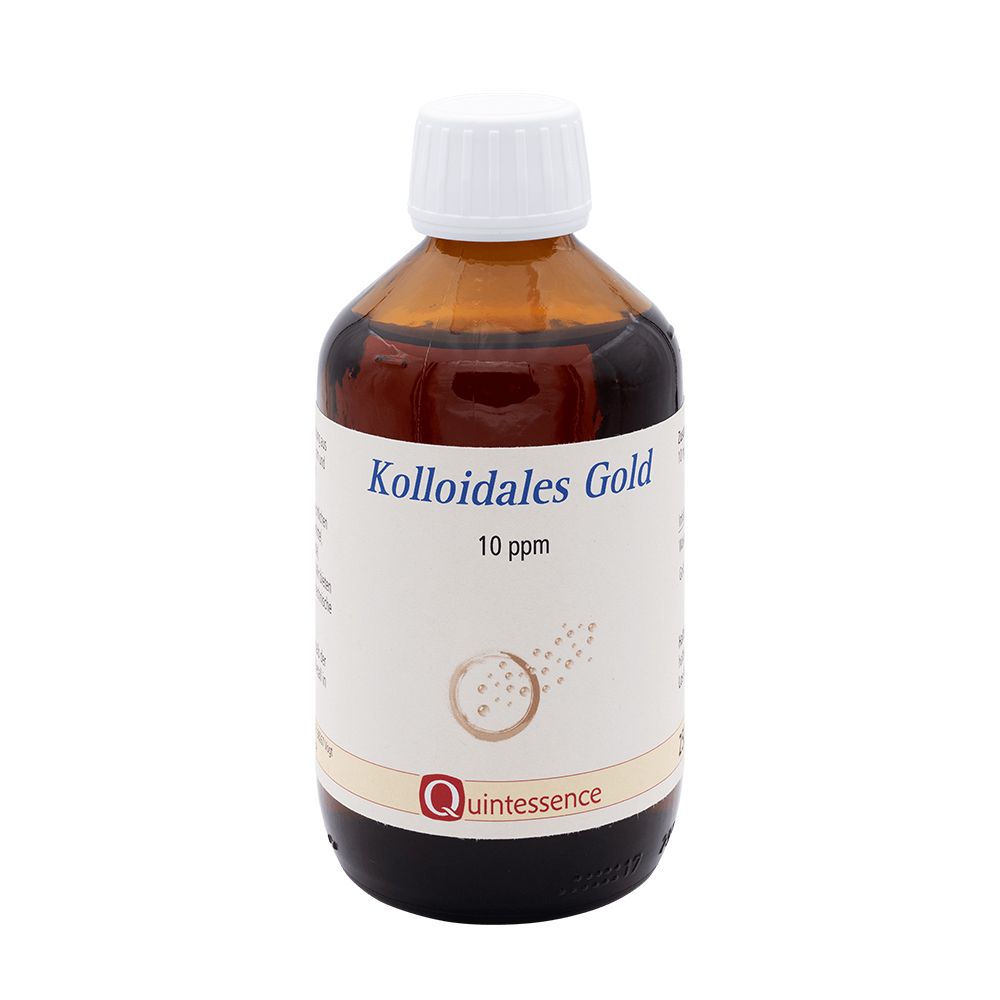 Braune Flasche mit weißem Deckel. Etikett: Kolloidales Gold 10 ppm. Marke: Quintessence.