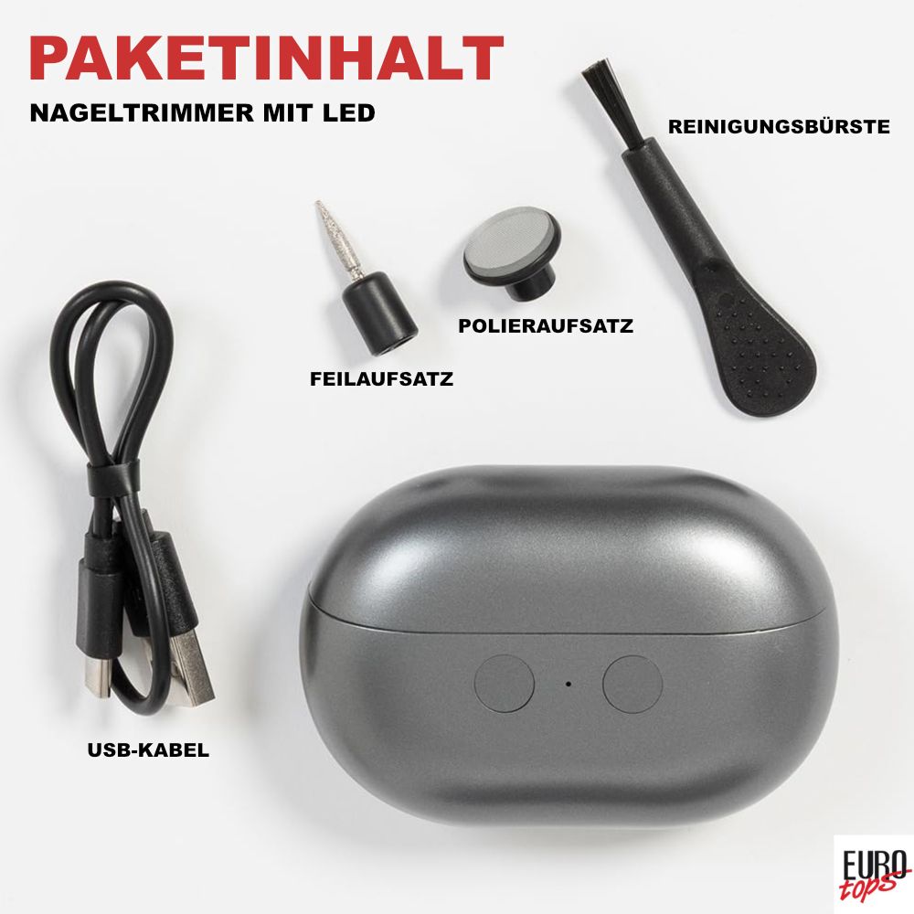 EUROtops Nageltrimmer mit LED & Feile – elektrisch, 2 Stufen & USB-Akku