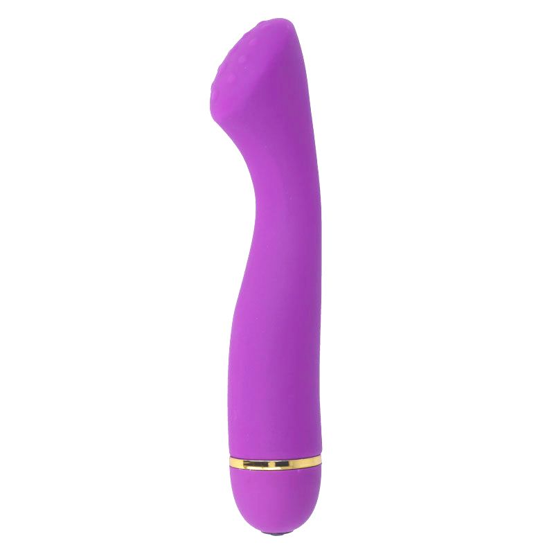 Lila Vibrator mit geschwungener Form und goldfarbenem Ring am unteren Ende. Oberteil mit erhabener Oberfläche.