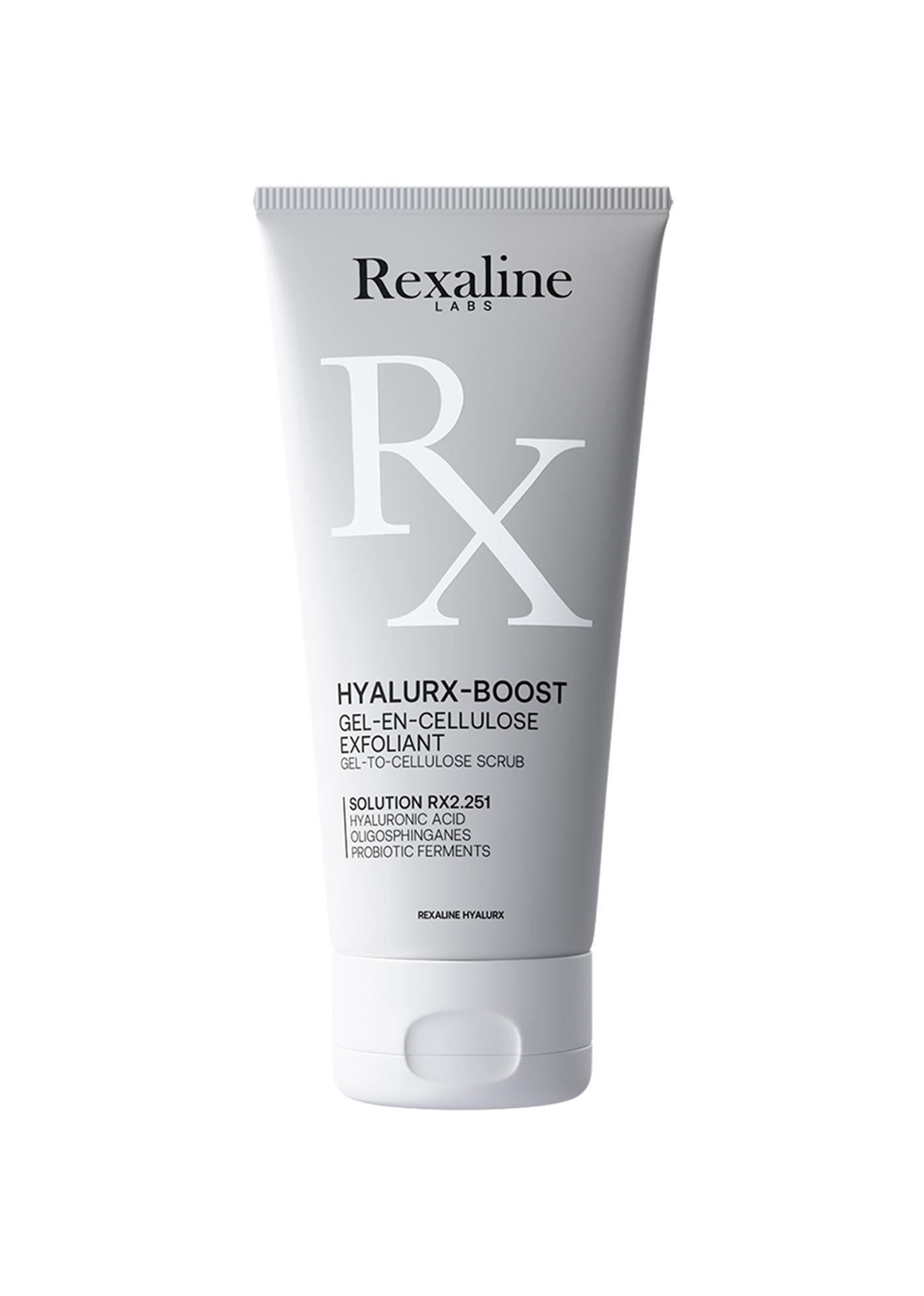 Graue Tube mit weißem Deckel. Aufschrift: Rexaline, Hyalurx-Boost Gel-En-Cellulose Exfoliant. Enthält Hyaluronsäure.