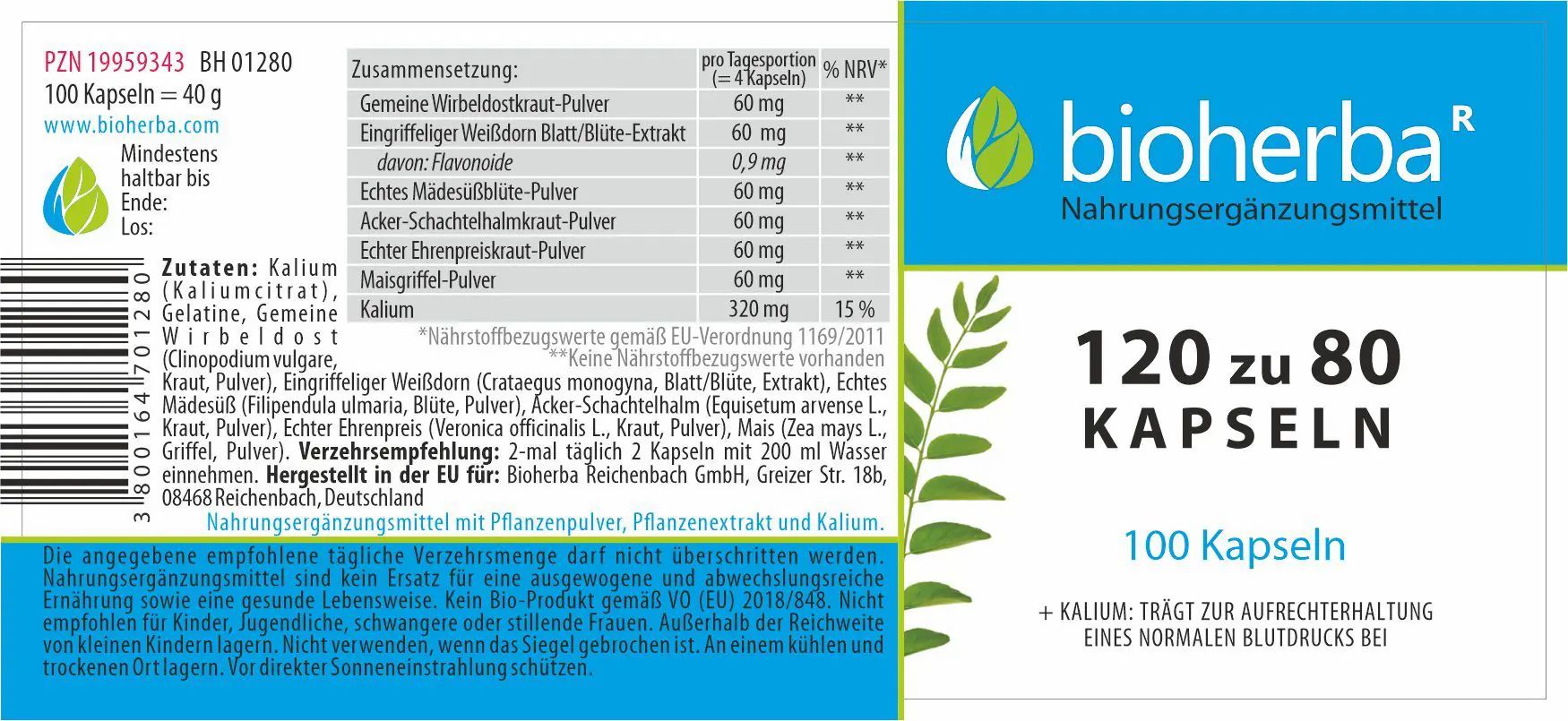 Etikett mit Produktinformationen. Aufschrift: bioherba, 120 zu 80 Kapseln, 100 Kapseln. Zutatenliste und Nährwertangaben.