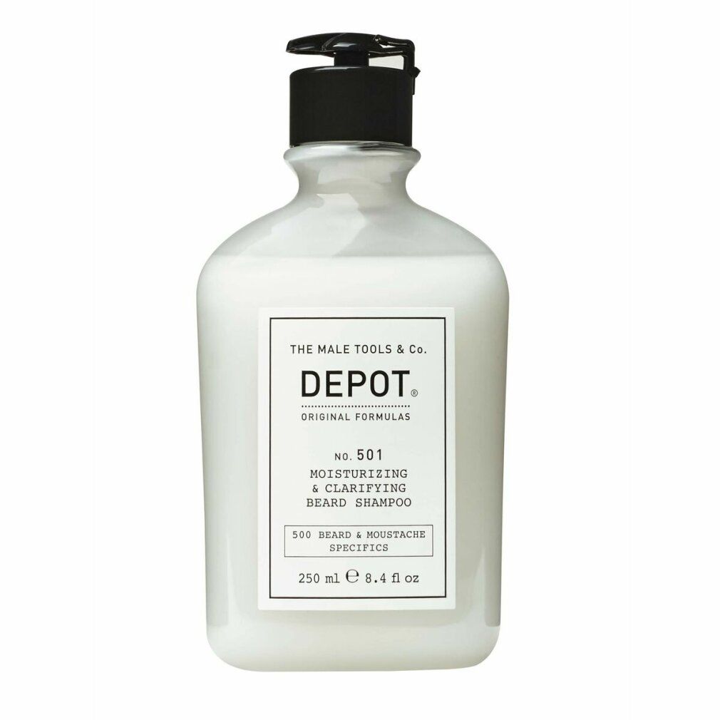 Behälter mit Depot 501 Bartshampoo. Weißes Etikett mit Produktinformationen. Schwarzer Pumpverschluss.