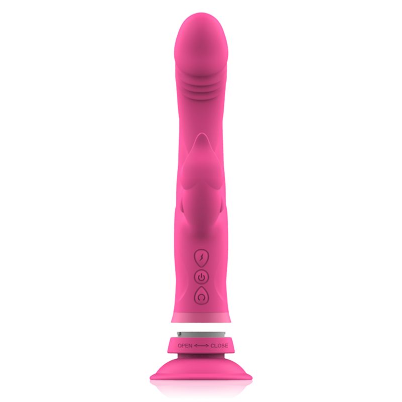 Rosa Vibrator mit gebogener Form, Hasenohren-Design und Bedienknöpfen. Mit Saugnapf. Auf weißem Hintergrund.