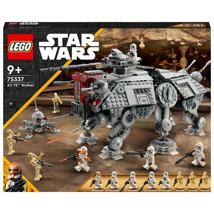 Set LEGO Star Wars 75337 AT-TE Walker. Walker grigio con dettagli rossi, circondato da soldati clone e droidi da battaglia. Include diverse minifigure e accessori. La confezione mostra il logo LEGO Star Wars e l'età consigliata 9+.
