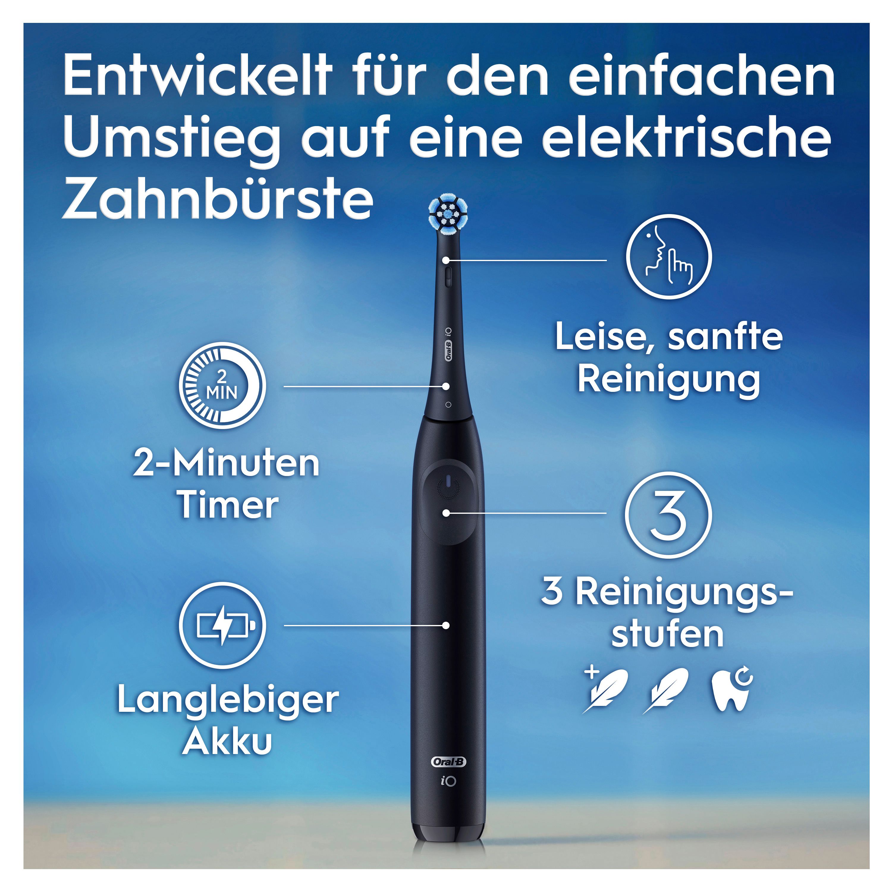 Elektrische Zahnbürste mit Text: Entwickelt für den einfachen Umstieg. 2-Minuten-Timer, 3 Reinigungsstufen, langlebiger Akku. iO Logo.