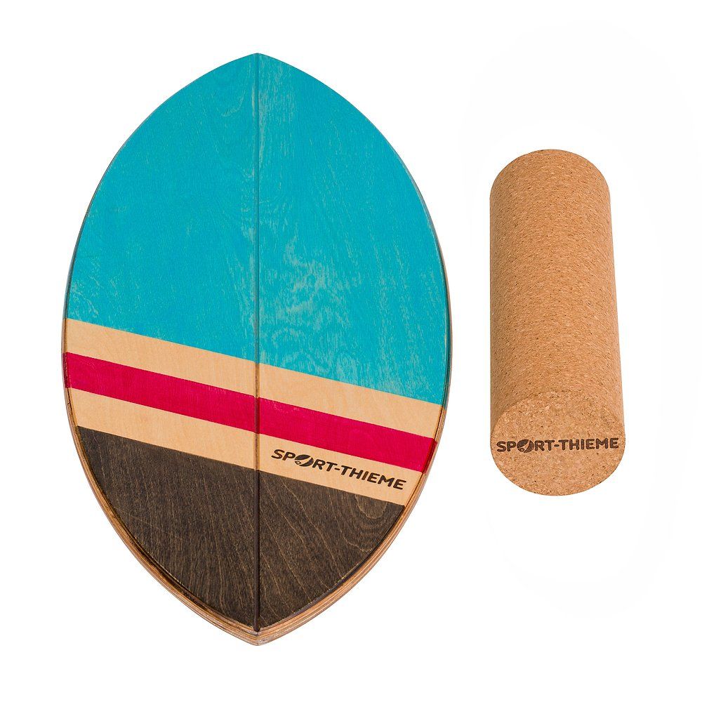 Balance-Board Kork Surfer mit blau, rot, beige und braun lackierter Oberfläche. Zylindrischer Korkfuß. Marke: Sport-Thieme.