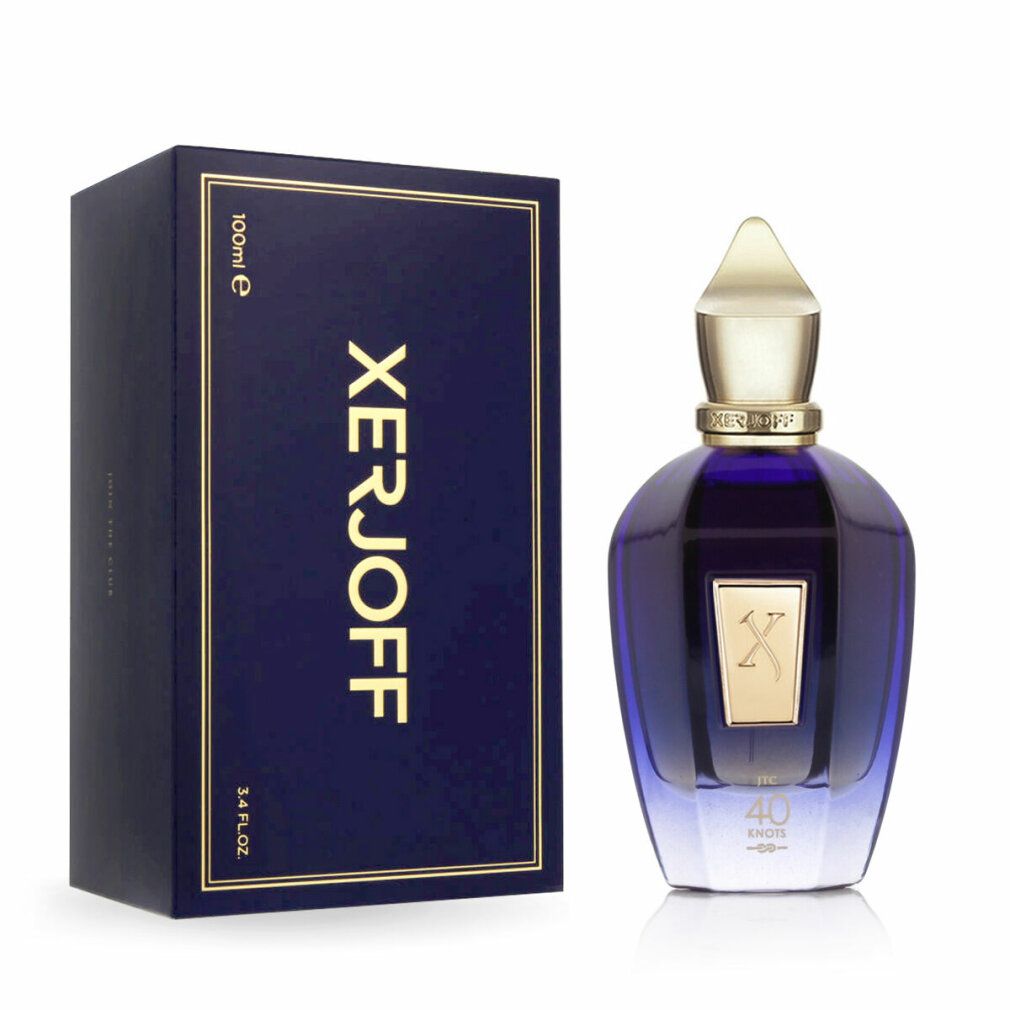 Dunkelblaue Schachtel und Parfümflakon. Auf der Schachtel steht goldfarben "XERJOFF". Der Flakon hat einen blauen Farbverlauf und einen goldenen Verschluss.