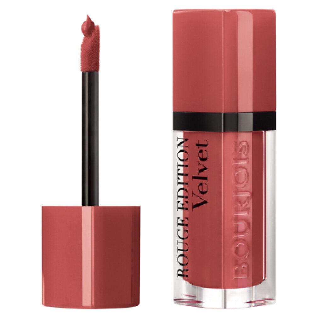 Lippenstift mit geöffnetem Deckel und Applikator. Aufschrift Rouge Edition Velvet und Bourjois. Produktansicht.
