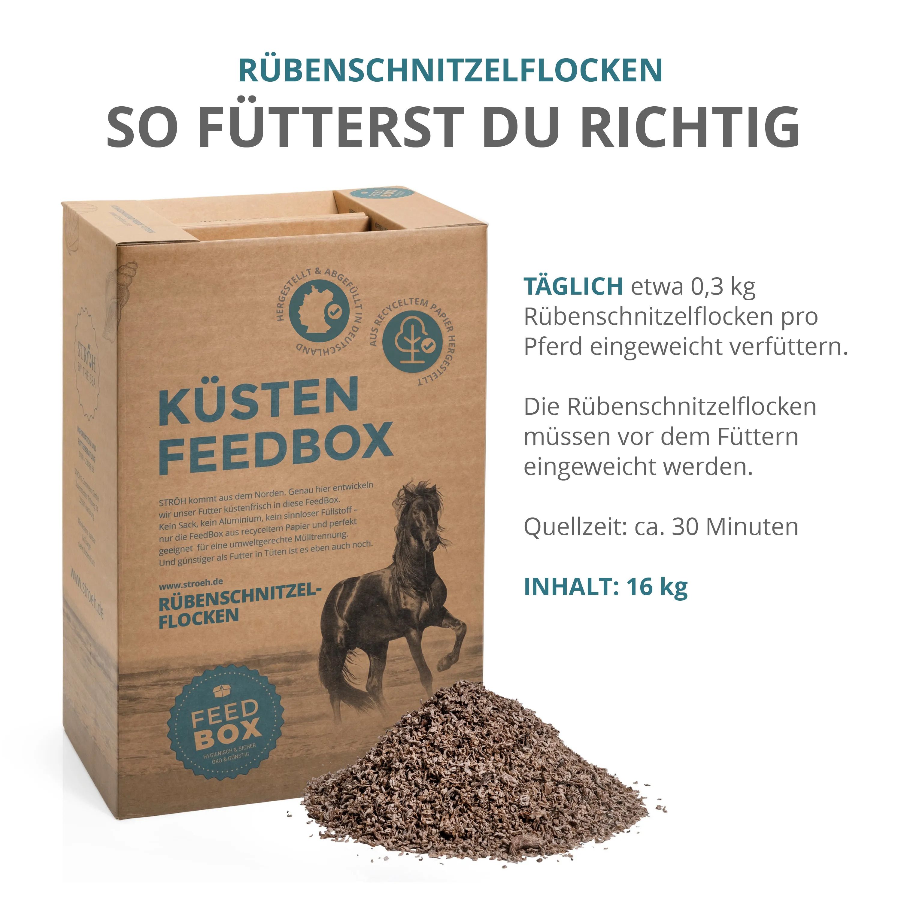 Karton "KÜSTEN FEEDBOX" mit Text und Pferde-Illustration. Daneben Rübenschnitzelflocken. Text: Täglich ca. 0,3 kg Rübenschnitzelflocken pro Pferd.