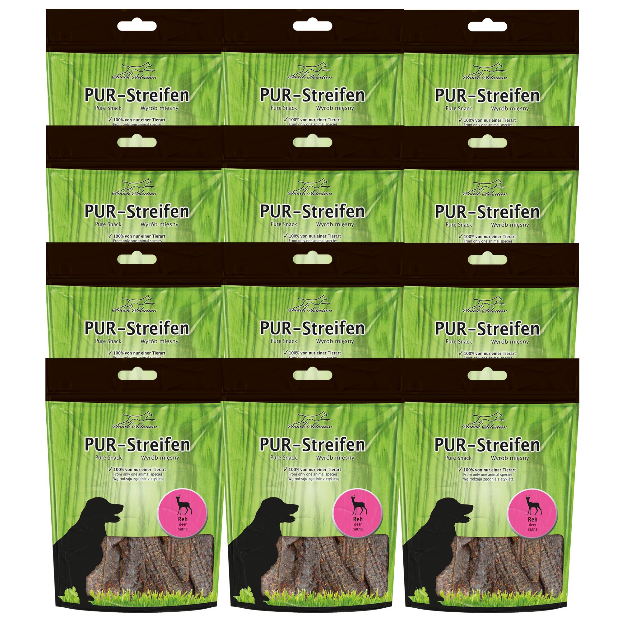 Mehrere Packungen PUR-Streifen. Grün-transparente Verpackung mit Hundesilhouette und Reh-Symbol. Text: PUR-Streifen, 100% von nur einer Tierart.