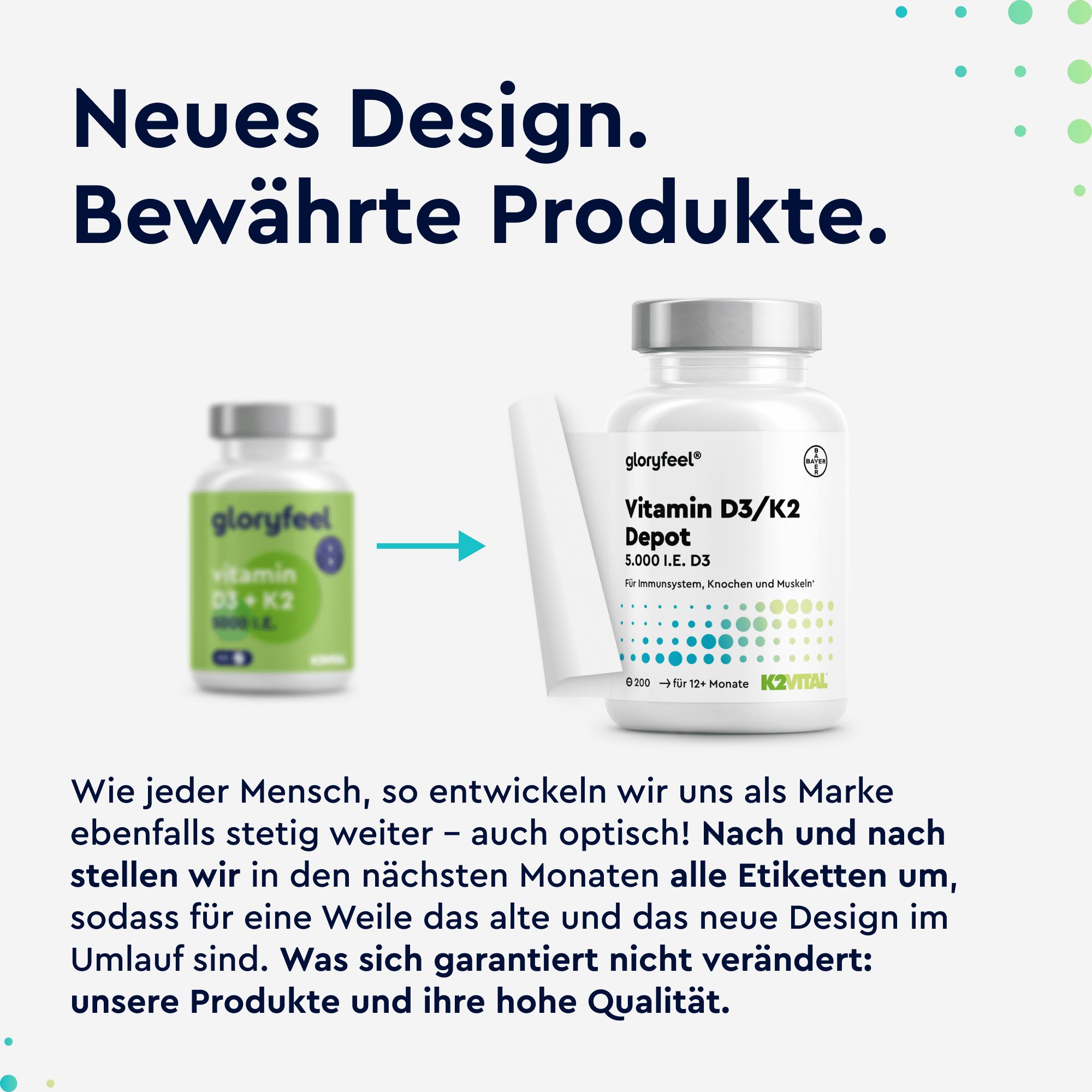Neues Design: Gloryfeel Vitamin D3/K2 Depot Flasche im Vergleich zum alten Design.