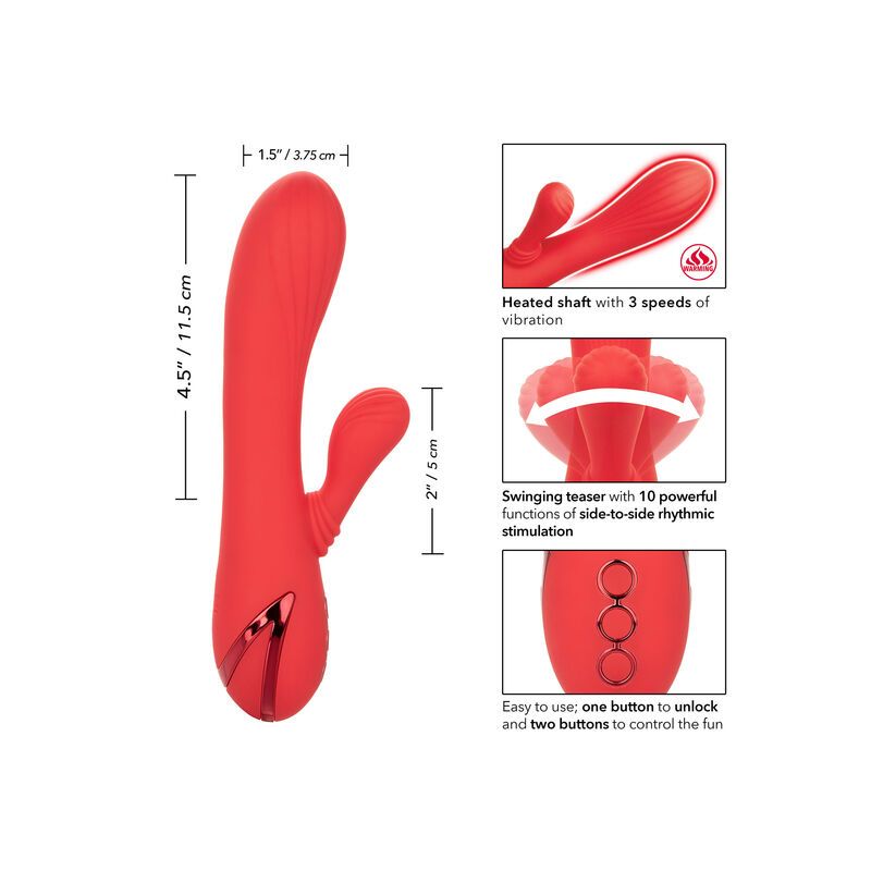 Roter Vibrator mit Maßen. 4,5"/11,5 cm hoch, 2"/5 cm breit. Diagramme mit Funktionen.
