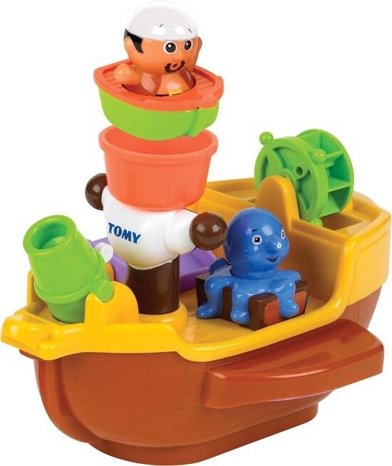 Spielzeug-Piratenboot mit Figuren und Zubehör. Enthält Kanone und Wasserrad. Marke: TOMY.